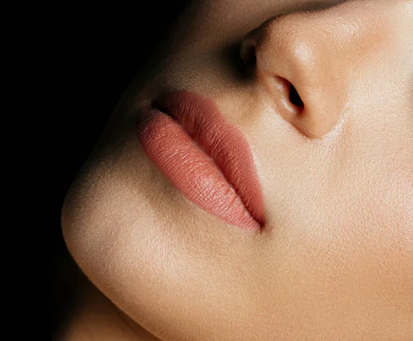 Closeup Photo Perfect Woman Lips Permanent Makeup Procedure Space Tex — Stock Photo, Image