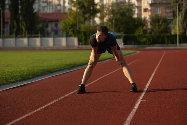 Fitness Guy Wears Sport Apparel Preparing Jogging Stadium Space Text — Stock Photo, Image