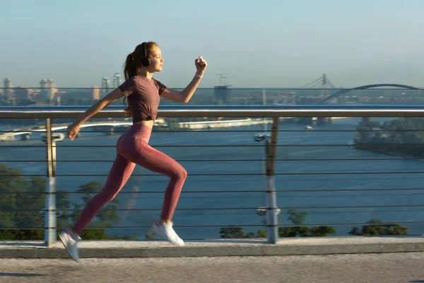 Young Athlete Red Head Woman Running Bridge Space Text — Stock Photo, Image