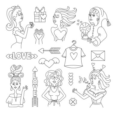 Vektör izole çıkartmaları ile aşk konulu ayarla. Sevgililer günü beyaz arka plan sembolleri