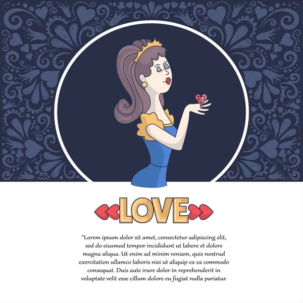 Vektorové dekorativní obal s ženou a prsten. Ilustrace na téma lásky. Pozadí pro použití v návrhu — Stockový vektor