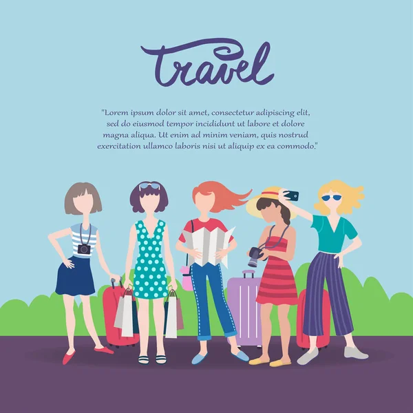 Seyahat Turizm Konulu Kadınlarla Şirin Dekoratif Kapak Renkli Düz Stil — Stok Vektör