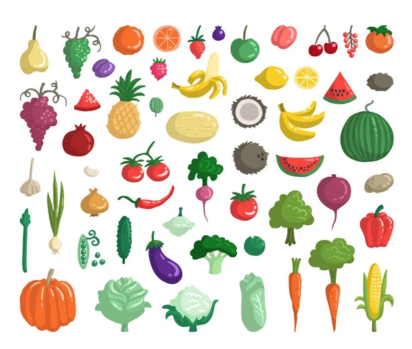 Set Vectores Con Frutas Verduras Bayas Garabatos Estilo Plano Sobre — Vector de stock