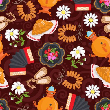 Vektör Rusya'nın sembolleri ile seamless modeli. Renkli desen Rus gıda konulu. Arka plan tasarım kullanmak için