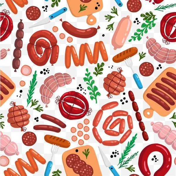 Vector seamless pattern with sausage on white color. Colored pattern on the theme of food. Background for use in design — Stock Vector