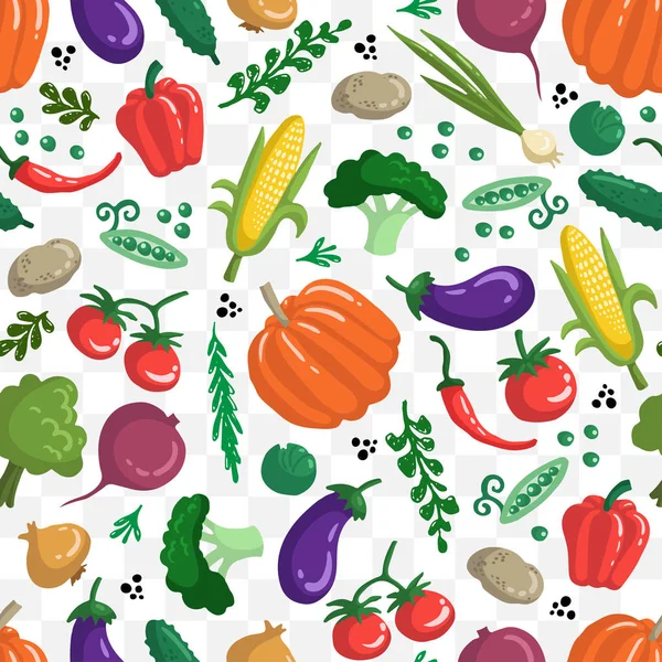 Modèle vectoriel sans couture avec des légumes sur la couleur blanche. Motif coloré sur le thème de la nourriture biologique et végétarienne. Contexte de l'utilisation dans la conception — Image vectorielle