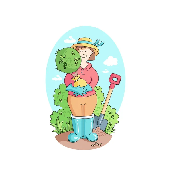 Zeichentrickvektorillustration Gärtner Und Gartenarbeit Frau Arbeitet Garten — Stockvektor