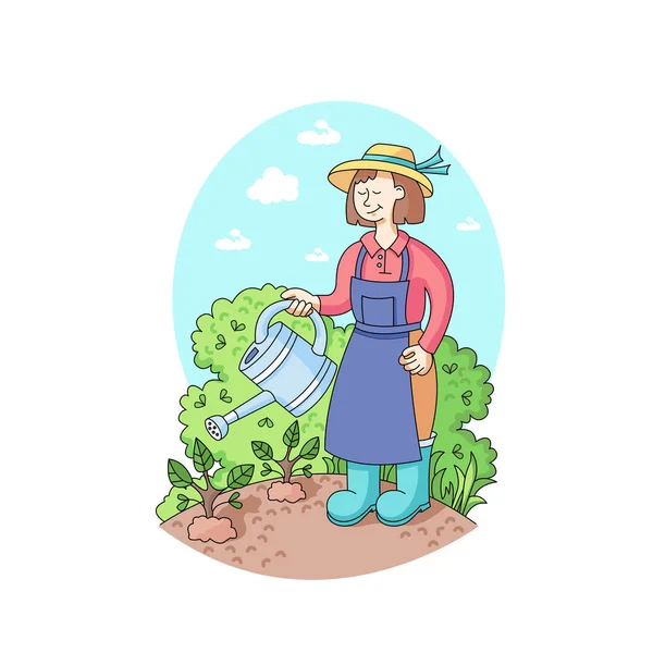 Zeichentrickvektorillustration. Gärtner und Gartenarbeit. Frau gießt Pflanzen mit Gießkanne — Stockvektor