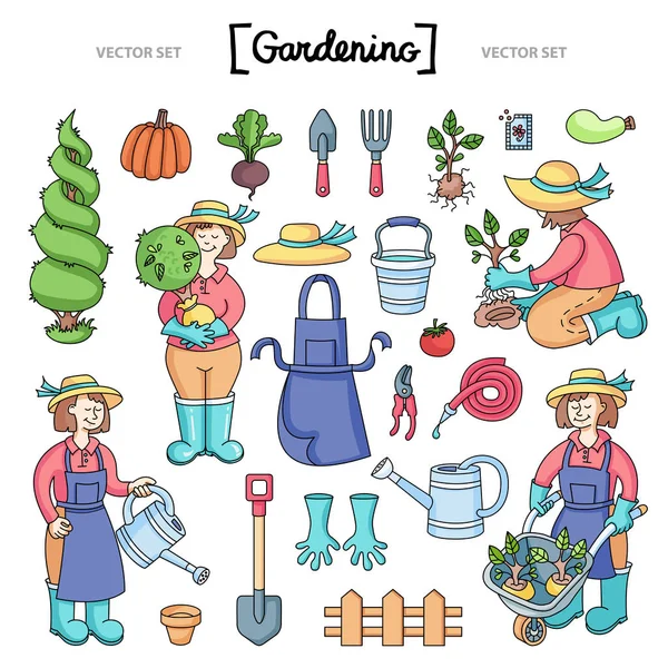 矢量设置与孤立的卡通涂鸦的主题花园 园艺工具 园丁和花园工作的彩色插图 — 图库矢量图片