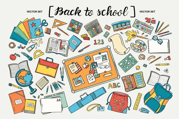 学校に戻るをテーマにしたベクトル漫画セット 教育のカラフルな孤立したシンボル 文房具 デザインのためのラインアート — ストックベクタ