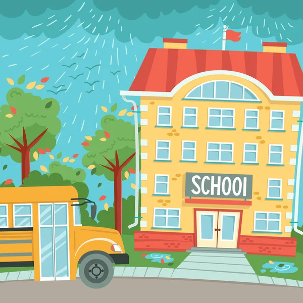 バスや学校とベクトルカラフルなイラスト 教育のテーマを背景に 学校に戻る 平漫画アート — ストックベクタ