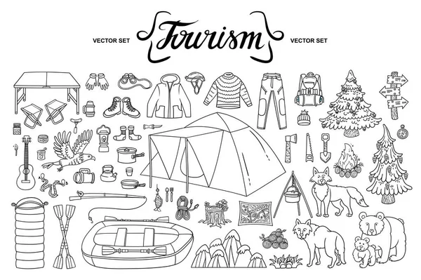 Vektor Satt Temat Turism Och Resor Färgglada Doodles Campingutrustning Kläder — Stock vektor