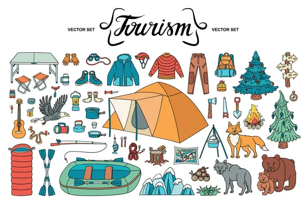 Desenho Animado Vetorial Definido Sobre Tema Turismo Viagens Doodles Mão — Vetor de Stock