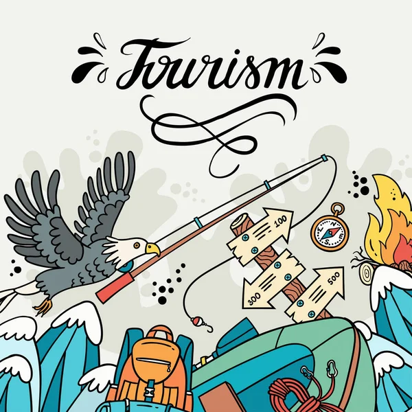 Turizm Seyahat Teması Üzerine Renkli Bir Yanılsama Kamp Malzemelerinin Vahşi — Stok Vektör
