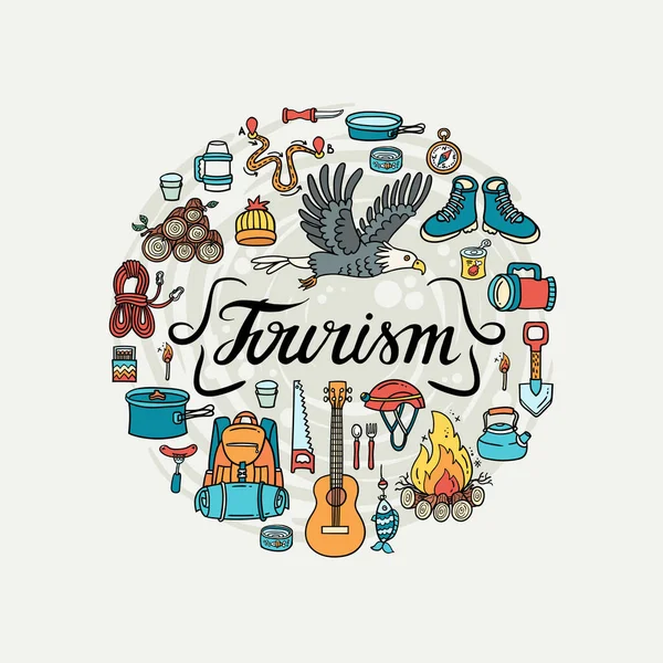 Desenho Animado Vetorial Elementos Isolados Sobre Tema Turismo Viagens Fundo — Vetor de Stock
