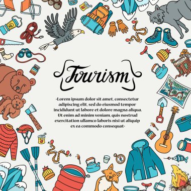 İçinde turizm ve seyahat sembolleri olan vektör posteri. Tasarım için renkli çerçeve