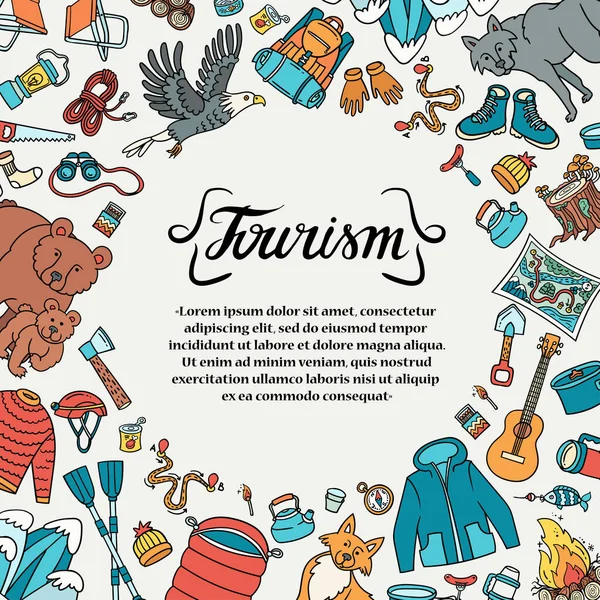 Векторный Плакат Карикатурными Символами Туризма Путешествий Красочная Рамка Использования Дизайне — стоковый вектор