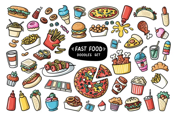 Doodles Coloridos Vetor Definido Sobre Tema Fast Food Hambúrgueres Desenhos — Vetor de Stock