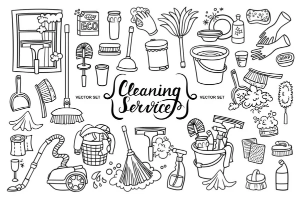 Vector Set Hand Doodles Theme Cleaning Services Βάζοντας Πράγματα Τάξη — Διανυσματικό Αρχείο