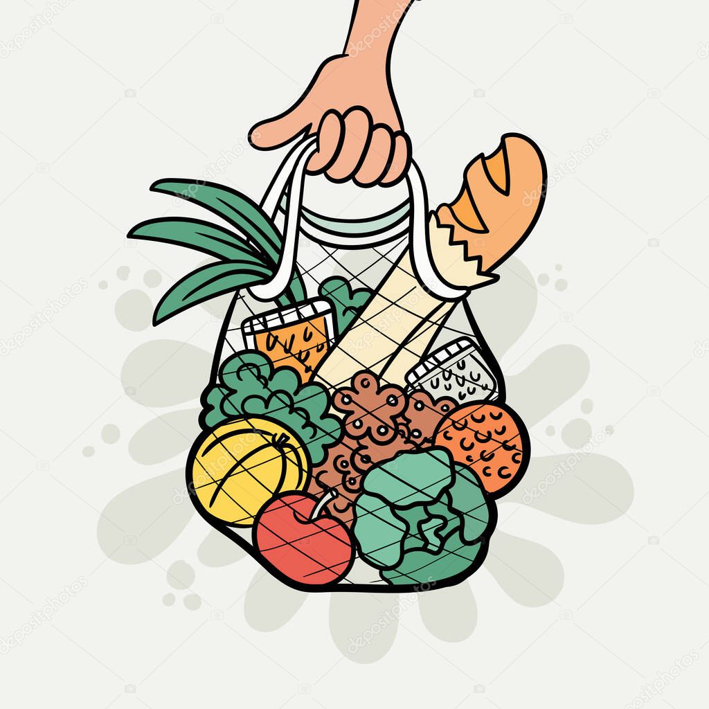 Vector cartoon illustration on the theme of food, delivery, donation, valanteering, food sharing. Colorful background with string bag with fruits, vegetables, bread, cookies, cereals