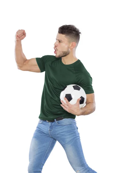 Giovane Tifoso Calcio Con Palla Camicia Verde Mano Sfondo Bianco — Foto Stock