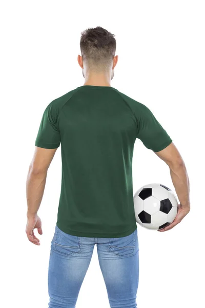 Joven Fanático Del Fútbol Espalda Con Camisa Verde Pelota Las — Foto de Stock