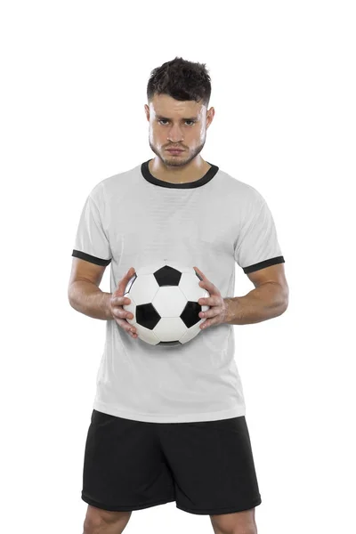 Jovem Jogador Futebol Com Camisa Branca Bola Nas Mãos Sobre — Fotografia de Stock