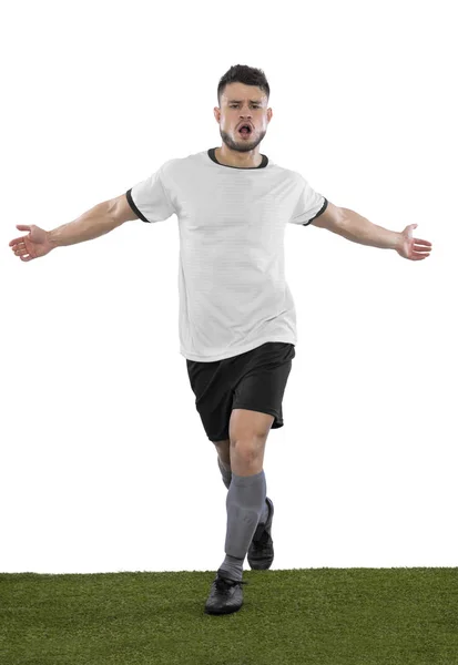 年轻的足球运动员在草地上白衬衫白色背景 — 图库照片