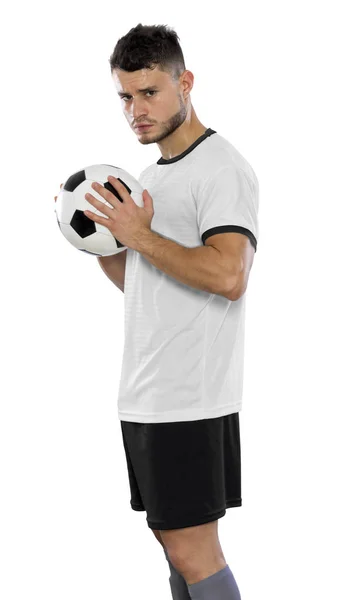Mladý Fotbalista Bílou Košili Míč Rukou Bílém Pozadí — Stock fotografie