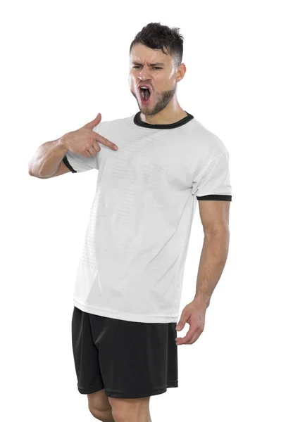 Jovem Jogador Futebol Celebrando Uma Anotação Com Camisa Branca Fundo — Fotografia de Stock