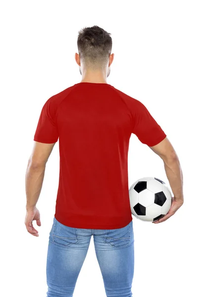 Joven Fanático Del Fútbol Espalda Con Camisa Roja Pelota Las —  Fotos de Stock