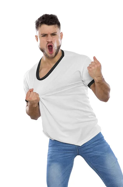 Young Soccer Fan White Shirt Ball Hands Screaming Emotion White — Stock Photo, Image