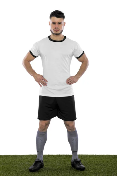 Young Soccer Player Grass White Shirt White Background — Stock Photo, Image