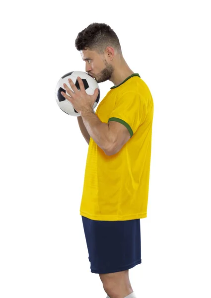 Jovem Jogador Futebol Com Camisa Amarela Bola Nas Mãos Sobre — Fotografia de Stock