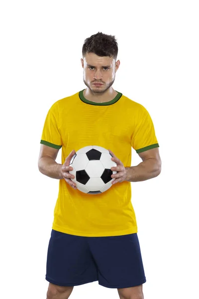 Joven Futbolista Con Camisa Amarilla Pelota Las Manos Sobre Fondo —  Fotos de Stock