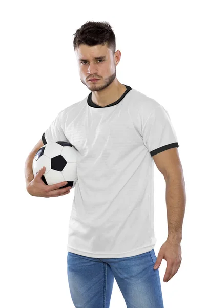 Jovem Futebol Com Bola Camisa Branca Nas Mãos Sobre Fundo — Fotografia de Stock