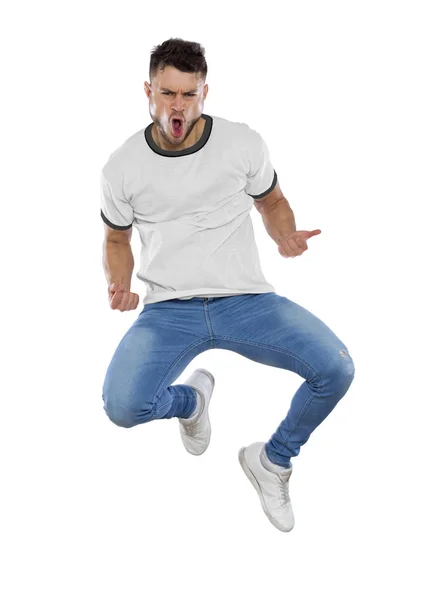 Joven Musculoso Con Camisa Blanca Saltando Celebrando Triunfo Equipo — Foto de Stock