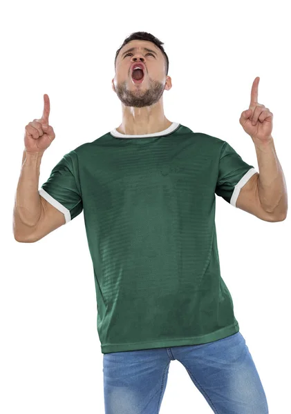 Молодий Футбольний Фанат Зеленою Сорочкою Кричить Емоціями Білому Тлі — стокове фото