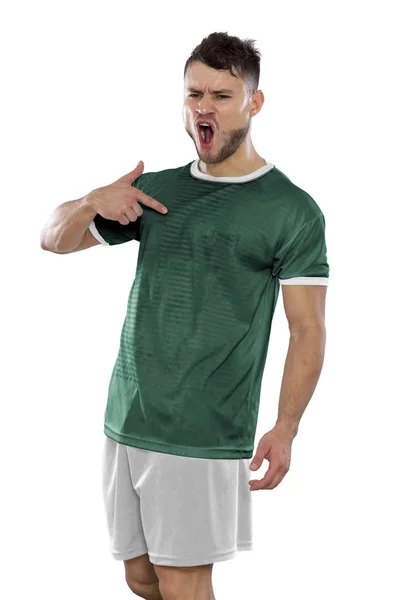 Молодий Футболіст Траві Зеленою Сорочкою Кричить Емоціями Білий Фон — стокове фото