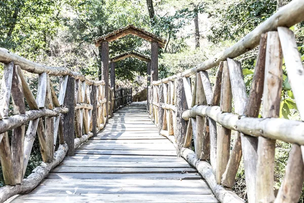 Wooden rustic bridge in the forest of Mazamitla, Mexico.