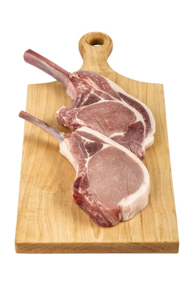 Schweinekotelett Auf Holzbrett Auf Weißem Hintergrund — Stockfoto
