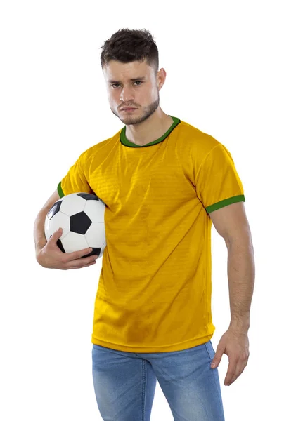 Jovem Futebol Com Camisa Amarela Verde Segurando Bola Futebol Fundo — Fotografia de Stock