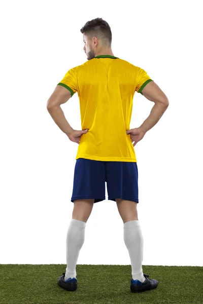 Jonge Voetbal Fan Terug Met Gele Groene Shirt Bal Handen — Stockfoto