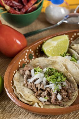 Tipik Meksika yemeği yemekleri soslar renkli tablo. Taco kil tabak içinde kavrulmuş et.