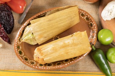 Tipik Meksika yemeği yemekleri soslar renkli tablo. Kırmızı ve yeşil köstebek tamales. Guadalajara Meksika.