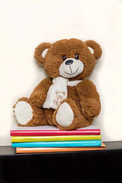 Teddy bear soft toy in child\'s bedroom with colorful books