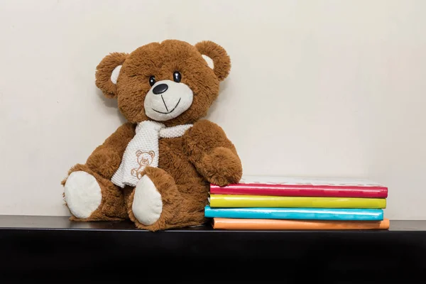 Teddy bear soft toy in child's bedroom with colorful books