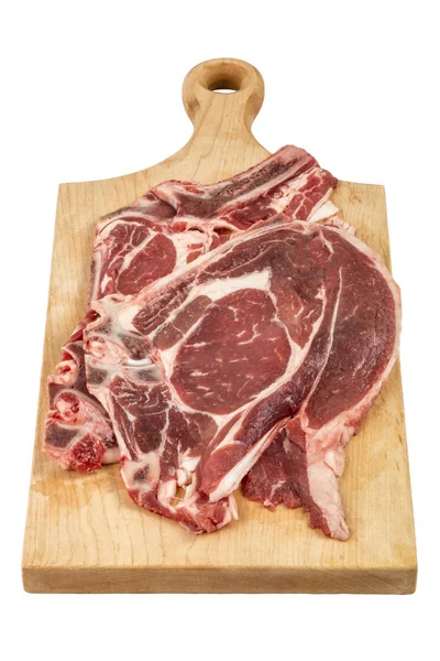 Rohes Fleisch Bisteck Auf Holzbrett Auf Weißem Hintergrund — Stockfoto