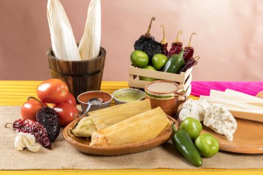 Tipik Meksika yemeği yemekleri soslar renkli tablo. Kırmızı ve yeşil köstebek tamales