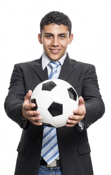 Joven Ejecutivo Sonriendo Con Pelota Fútbol Las Manos — Foto de Stock